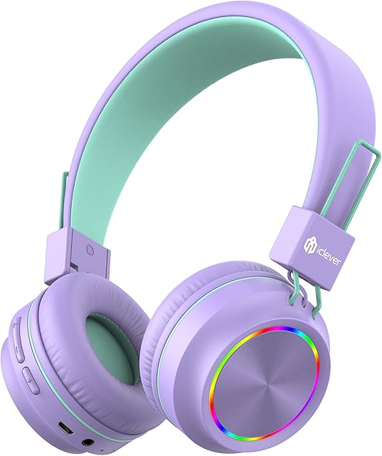 iClever Bluetooth Kids Headphones, BTH03 Colorful LED Lights Kids Wireless Headphones with MIC, Volume Control, Stereo Sound, Bluetooth 5.0, Foldable, Childrens Headphones on Ear for Study Tablet