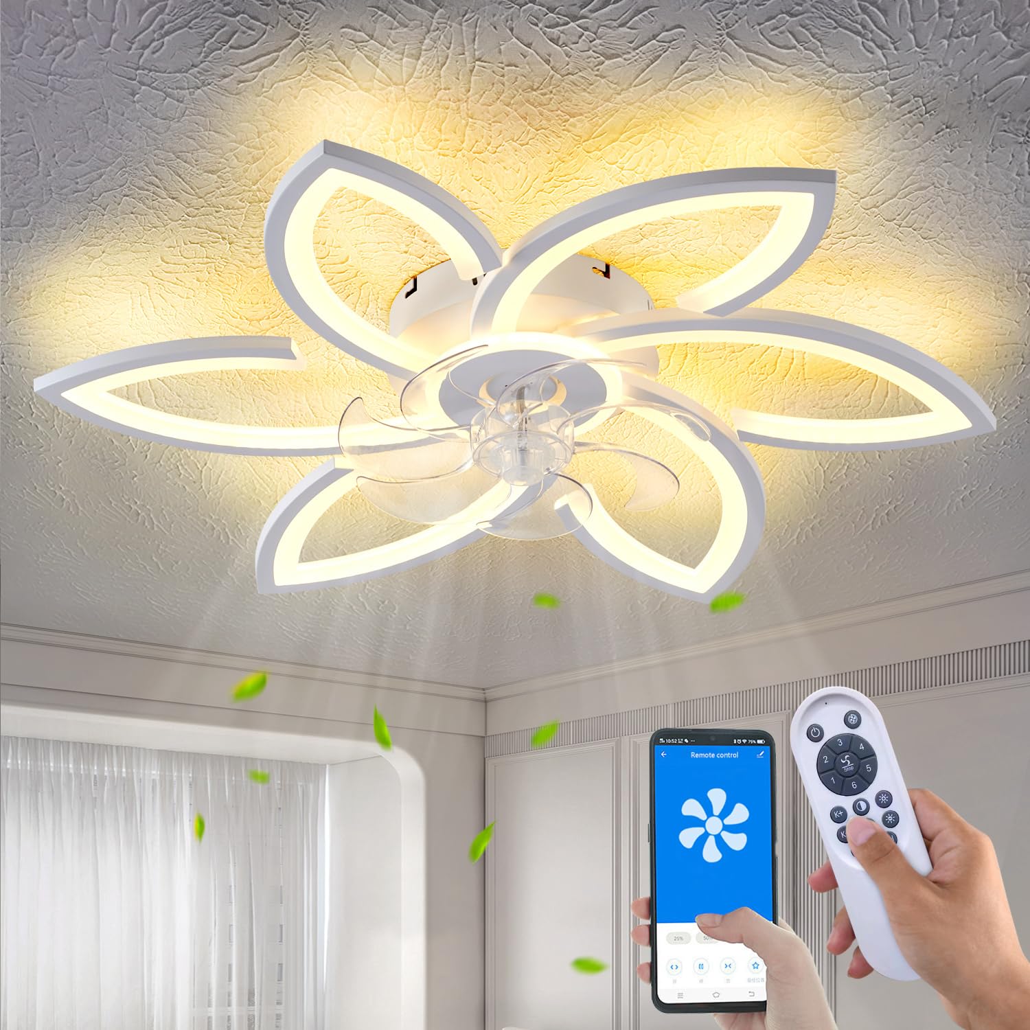 Yfrest Ceiling Fan with Lights Remote Control, 30" White Modern Semi Flush Mount Ceiling Fan with Light, 3 Light Color 6 Speeds Flower Design Low Profile Ceiling Fan for Kitchen Bedroom