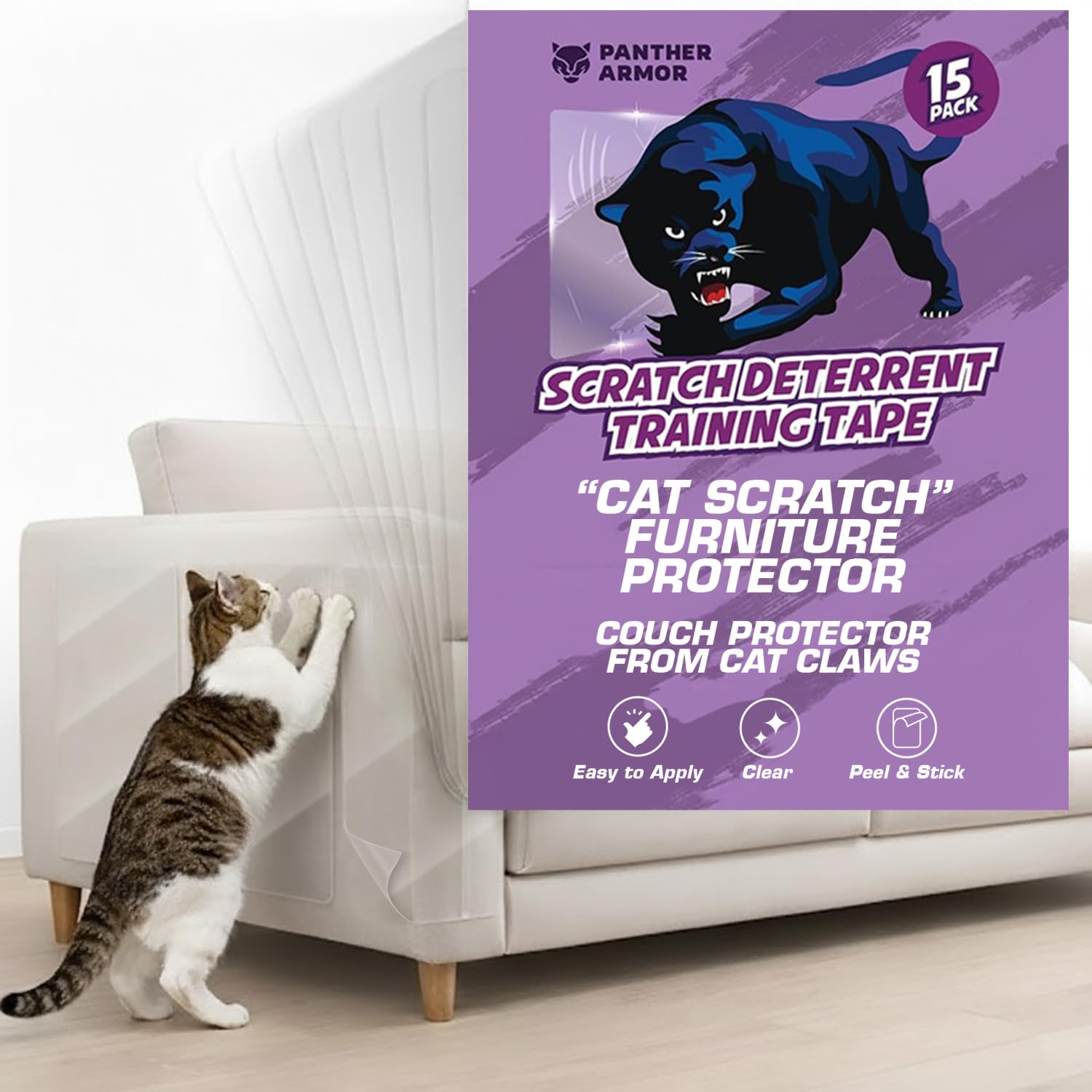 15 Pack Cat Scratch Furniture Protector Tape Sheets,Double-Sided Sticky Training (7 XL, 6 Large, 2 Medium), Anti-Scratch Couch & Sofa Guard, Clear, Not for Leather, Velvet, Microfiber
