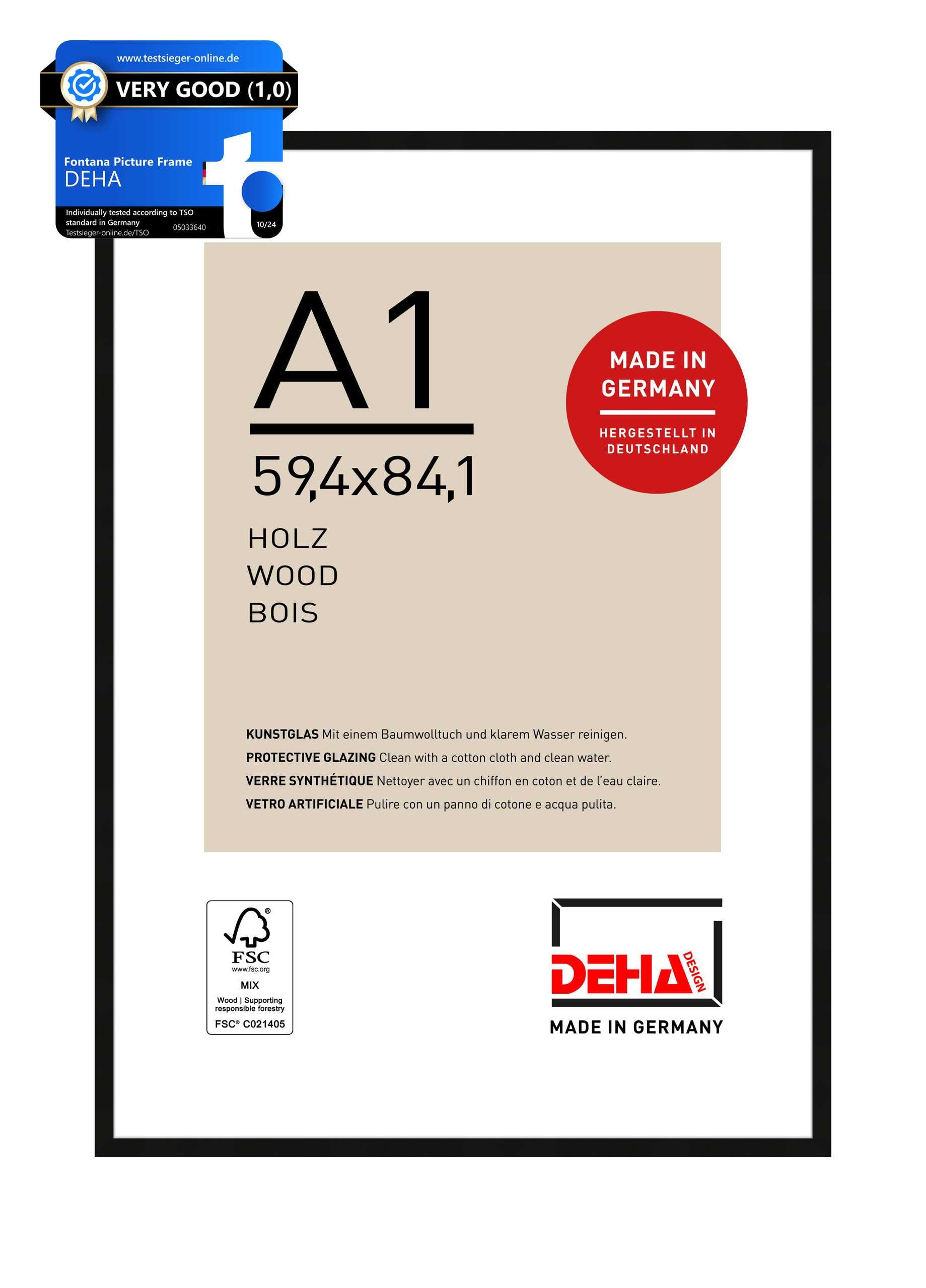 DEHA Design marco de madera Fontana, 59,4x84,1 cm (A1), Negro