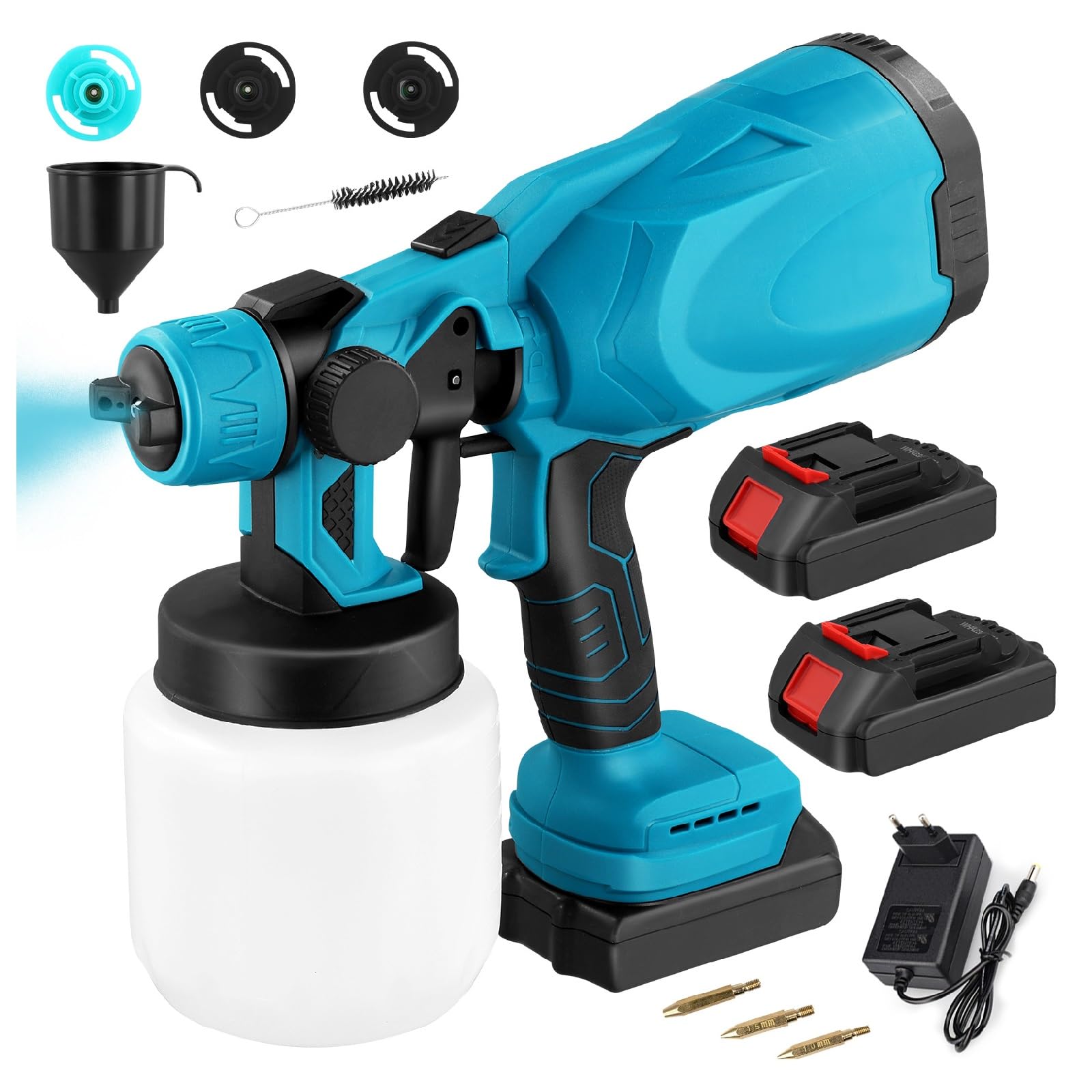 Towwoo Sistema di Verniciatura a Batteria, 1000 ml Pistola a Spruzzo con 18V Batterie 2 × 3000 mAh e Caricabatterie, Pistola Elettrica per Verniciatura con 4 Ugelli, 3 Modalità di Spruzzo