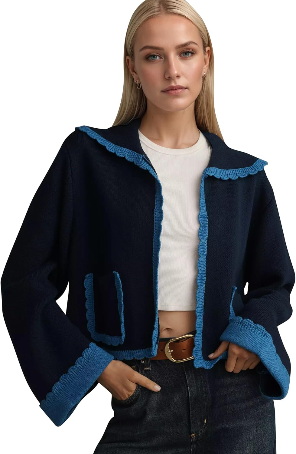 Ythomm Womens Scallop Lapel Collar Knit Cardigan Sweaters Color Block Long Bell Sleeve Open Front Fall Sweaters with Pockets