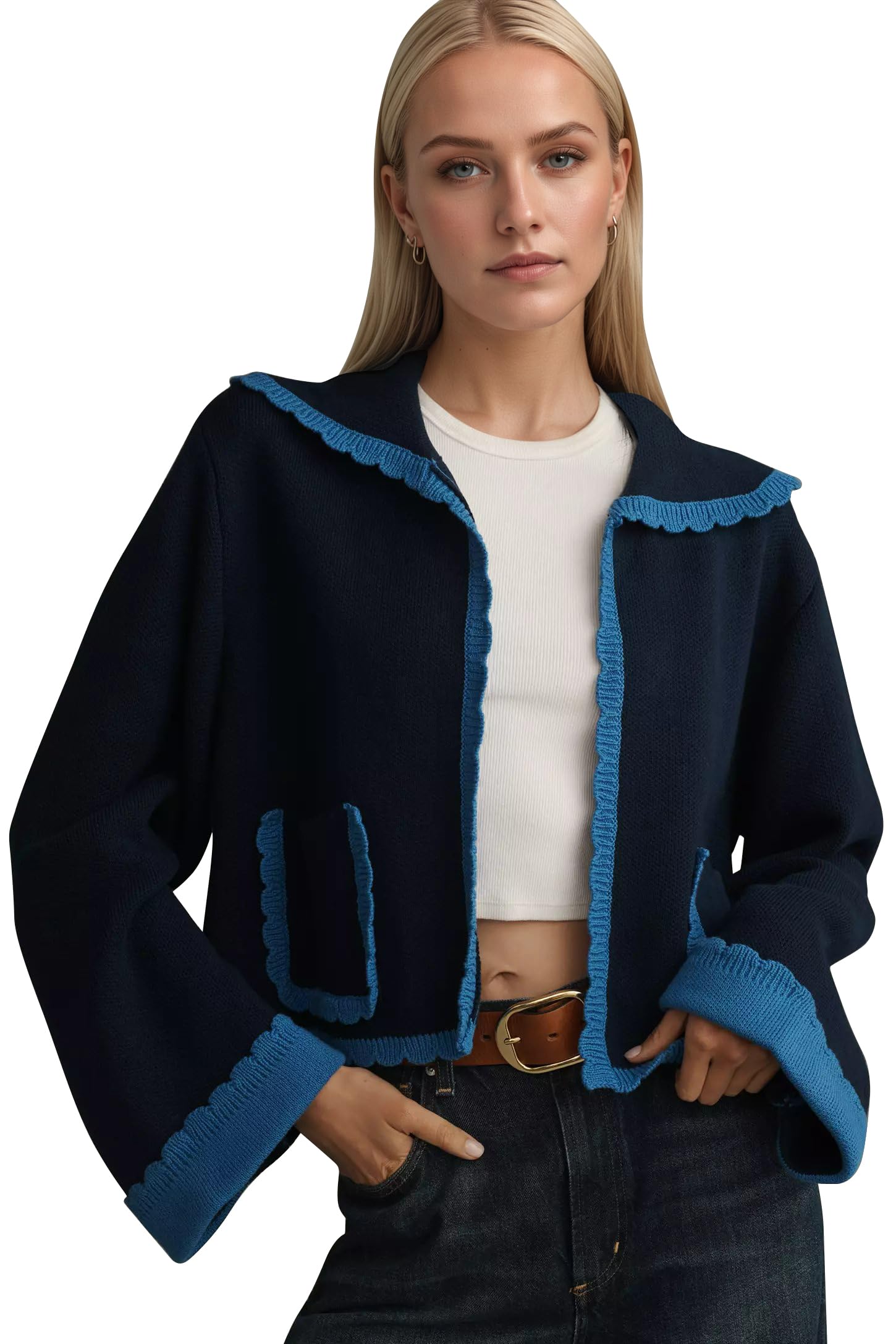 Ythomm Womens Scallop Lapel Collar Knit Cardigan Sweaters Color Block Long Bell Sleeve Open Front Fall Sweaters with
