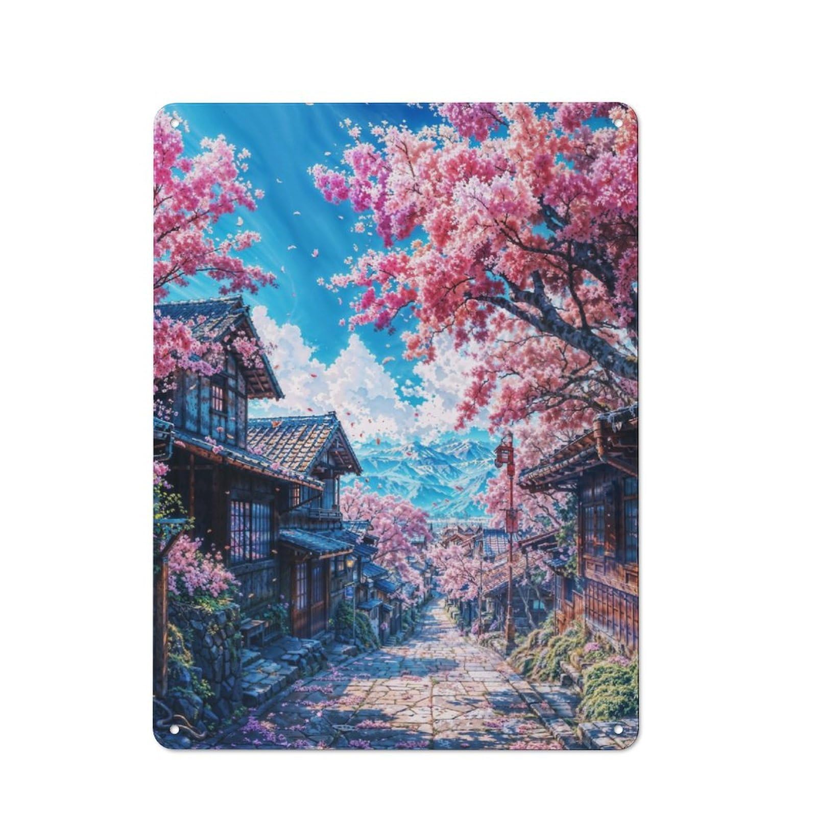 Junmoney Cherry Blossom Village Vintage Tin Sign With Design 40X30cm, Nostalgic Nostalgic Wall Art For Living Room, Hallway, Kitchen Or Cafe