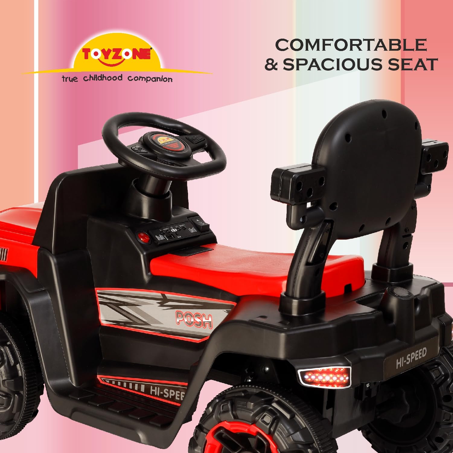Toyzone Posh Electric Car Ride on Jeep with Remote - Red | Rechargeable Car 6V & 6.5ah Battery | Music Player with Bluetoooth & USB | 6 Month Battery Warranty | Make in India | Kids 2+ Years - Image 6 thumbnail
