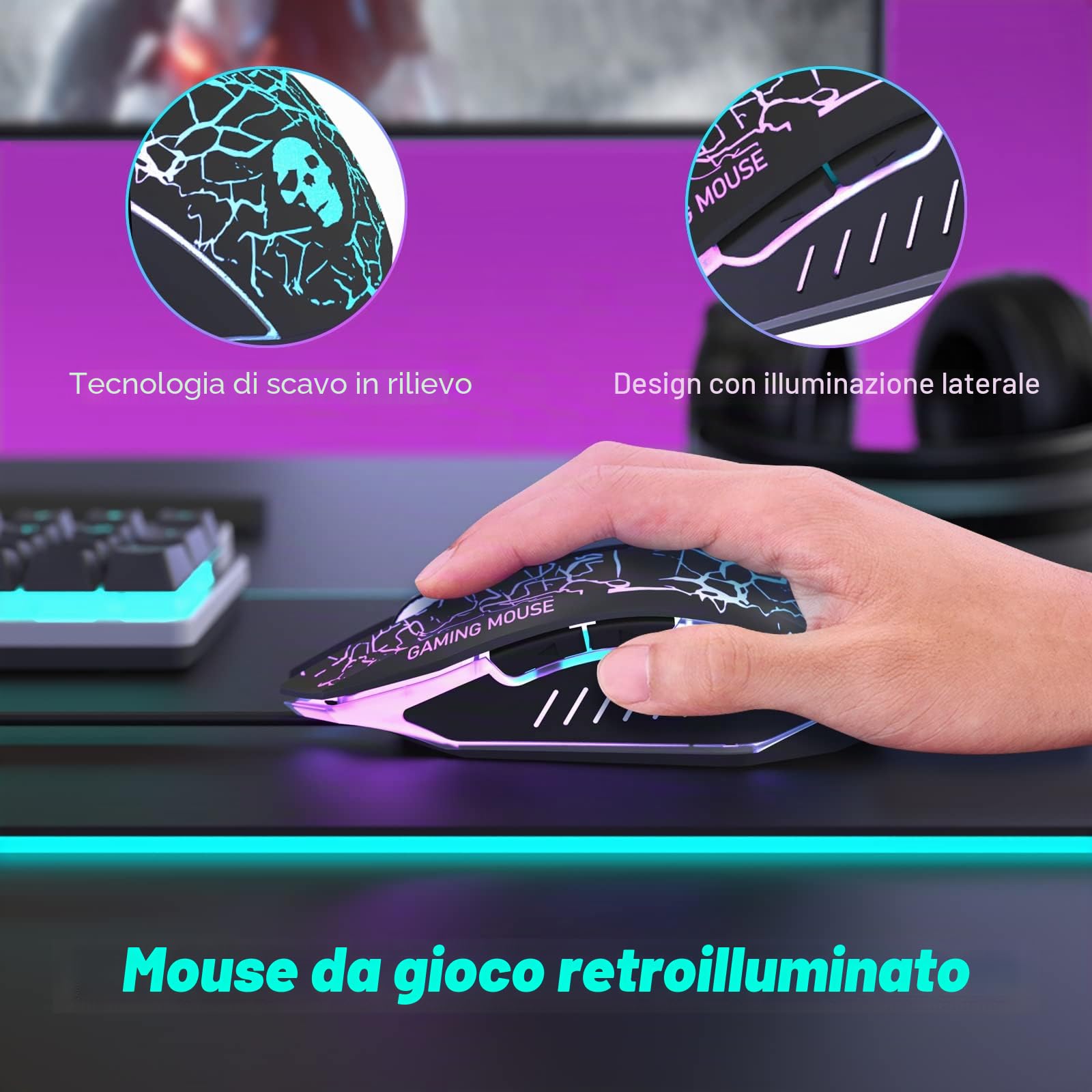 Set tastiera e mouse da gioco cablati 12 modalità di illuminazione RGB 104 tasti Tastiera completamente illuminata anti-ghosting 2400DPI Mouse da gioco ottico USB a 6 pulsanti Tappetino per mouse nero