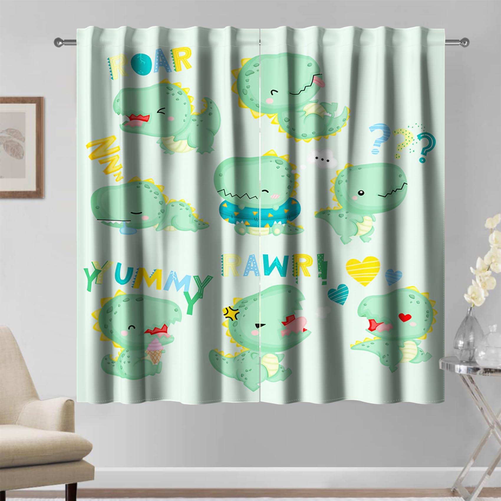 Kzzfqxb 107x215cm Cartoon Curtains 2 Panels, Smiling Sleeping Little Green Baby Dinosaurs Painting Window Drapes, Lovely Cute Fun Decor for Kids Boys Babies Bedroom Nursery Living Room — image 1