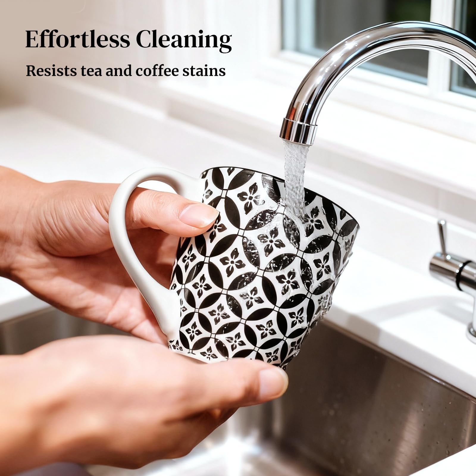 DOWAN Juego de 6 tazas de café de 350 ml, elegantes tazas de porcelana oriental, tazas grandes para café, té y café con leche
