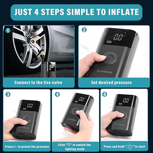 Miniatura 6 de TOMSHOO Inflador de neumáticos, bomba de aire eléctrica portátil para compresor de aire de automóvil, 4000 mAh, bomba de neumáticos inalámbrica de
