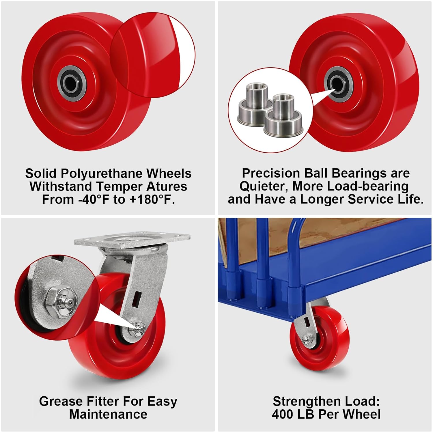 4" x 1-1/2" Industrial Casters, Solid Polyurethane Wheels, Heavy Duty Caster-400LB Capacity, Precision Ball Bearings-1/2" Bore, Replacement Wheel for Tool Box Workbench(4 Pack)(4 Pack)