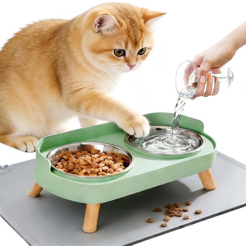 Comedouro elevado para gatos com 2 tigelas de aço inox e tapete de silicone DIRZHX Verde