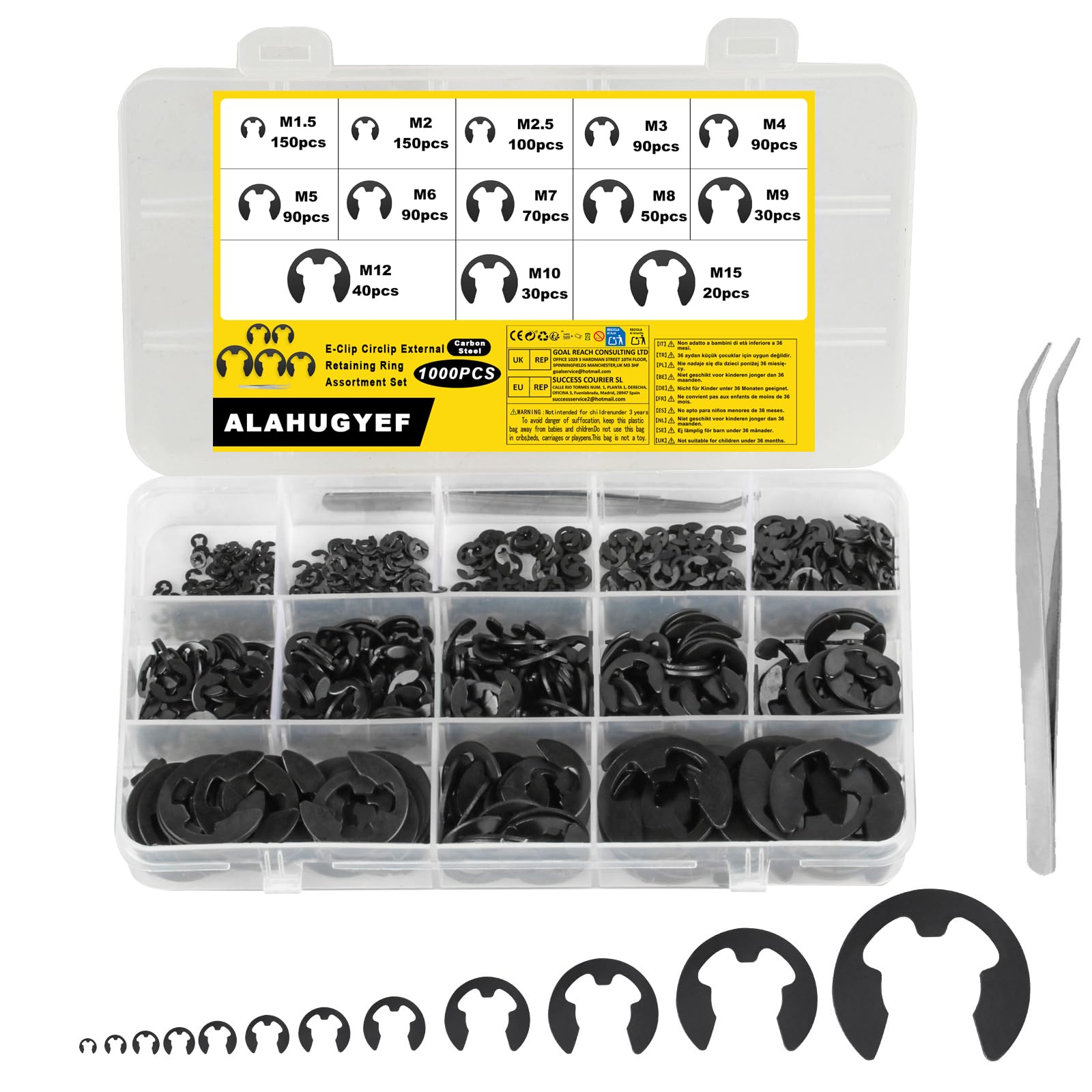 Set di 1000 Clip di Ritenzione E-Clip, Anello di Fissaggio Interno ed Esterno, Kit di Anelli a Scatto, Disponibili in 13 Dimensioni