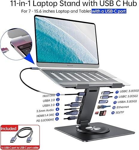 Miniatura 2 de Estación de acoplamiento para laptop MacBook ProAirDellHPSurface HC 11 en 1 USB C Hub giratorio de 360 con concentrador USB 4K HDMI USB 3.0 PD100W