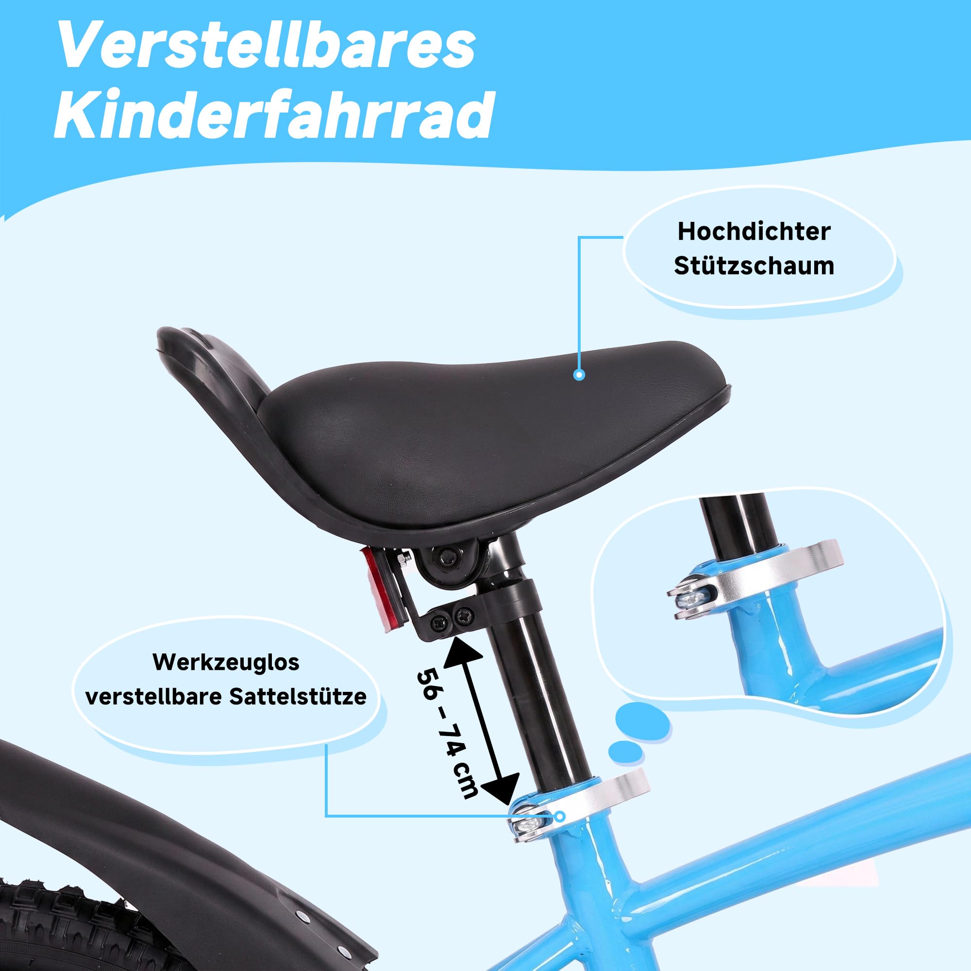BODIOO Kinderfahrrad 18 Zoll Kinderrad für Jungen und Mädchen mit verstellbarem Sitz, Stützrädern, Handbremse, Rücktrittbremse und stabilem Rahmen für Fahrer von 114-137 cm (Blau)