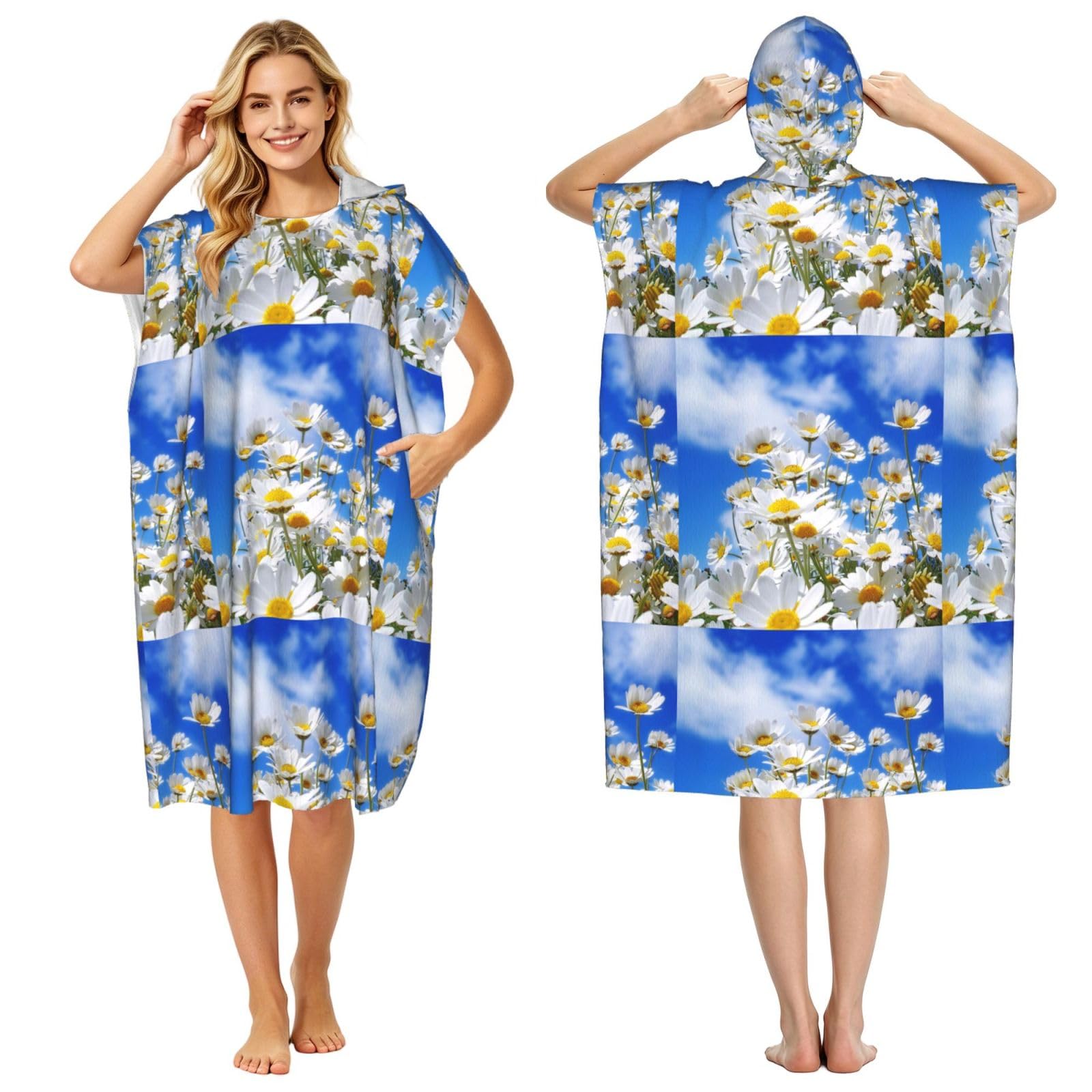 Poadnly Fragrant Daisy Flower, Adult Hooded Beach Towel 90 x 110 cm,Changing Bath Robe, Surf Poncho Towel For Women Men