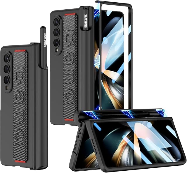FODDOM Samsung Galaxy Z Fold 4 Cover Hinge Protective with Grip and S Pen Holder, Luxury PC Magnetic Shockproof Case with Screen Protector for Samsung Galaxy Z Fold 4 5G (Carbon Fibre)