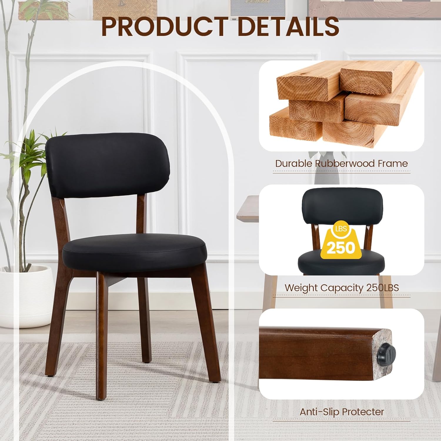 Yilaywain Mid-Century Modern Dining Chairs with Rubberwood Frame, Black Faux Leather Upholstered, 250 LBS Weight Capacity, Anti-Slip Protectors (Black)