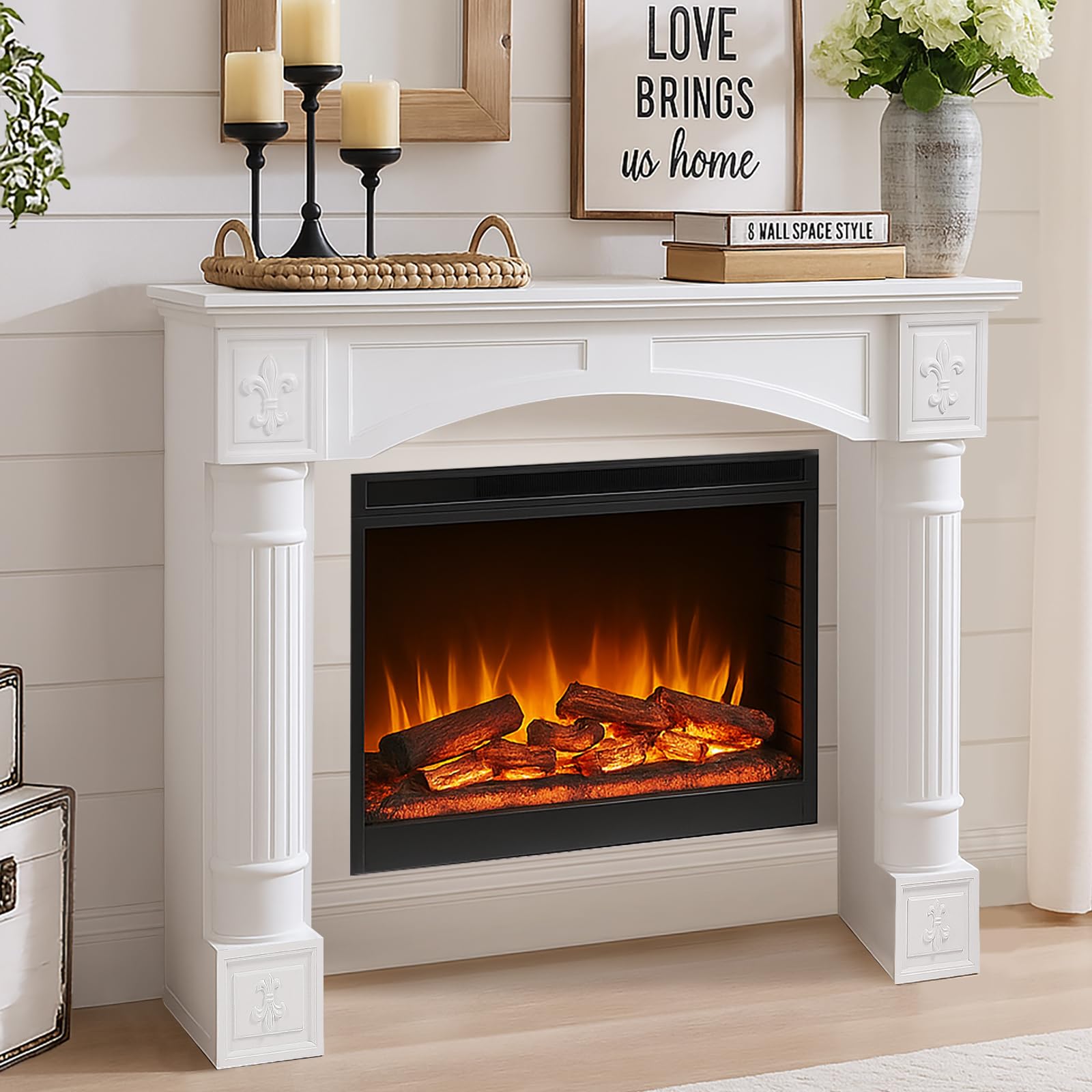 HOMEDIARY 43.3" Fireplace Mantel, Freestanding Fireplace Surround with Leg for Electric Fireplaces, MDF Mantel Surround with Shelf for Living Room with Decorative Pattern, Anti-Tipping &amp; Waterproof
