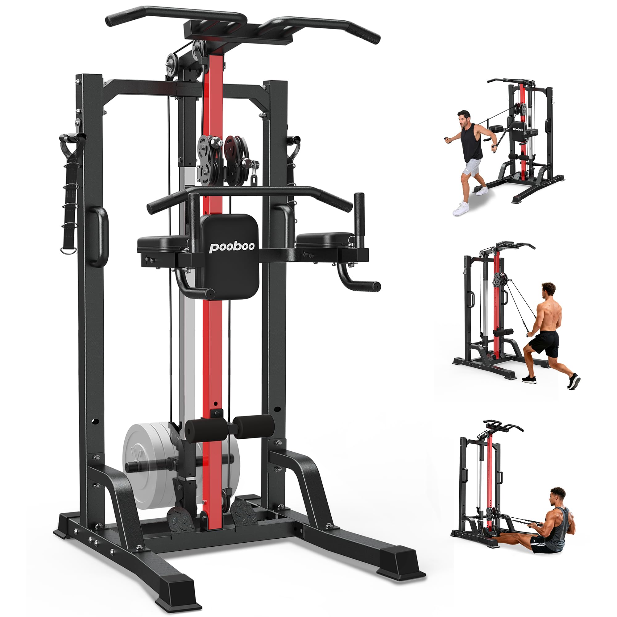 Pull Up Bar Power Tower Dip Station,Cable Machine-Integrated 450LBS Multi-Function Adjustable Height Fitness Strength Training Equipment for Home Gym Strength Training Equipment