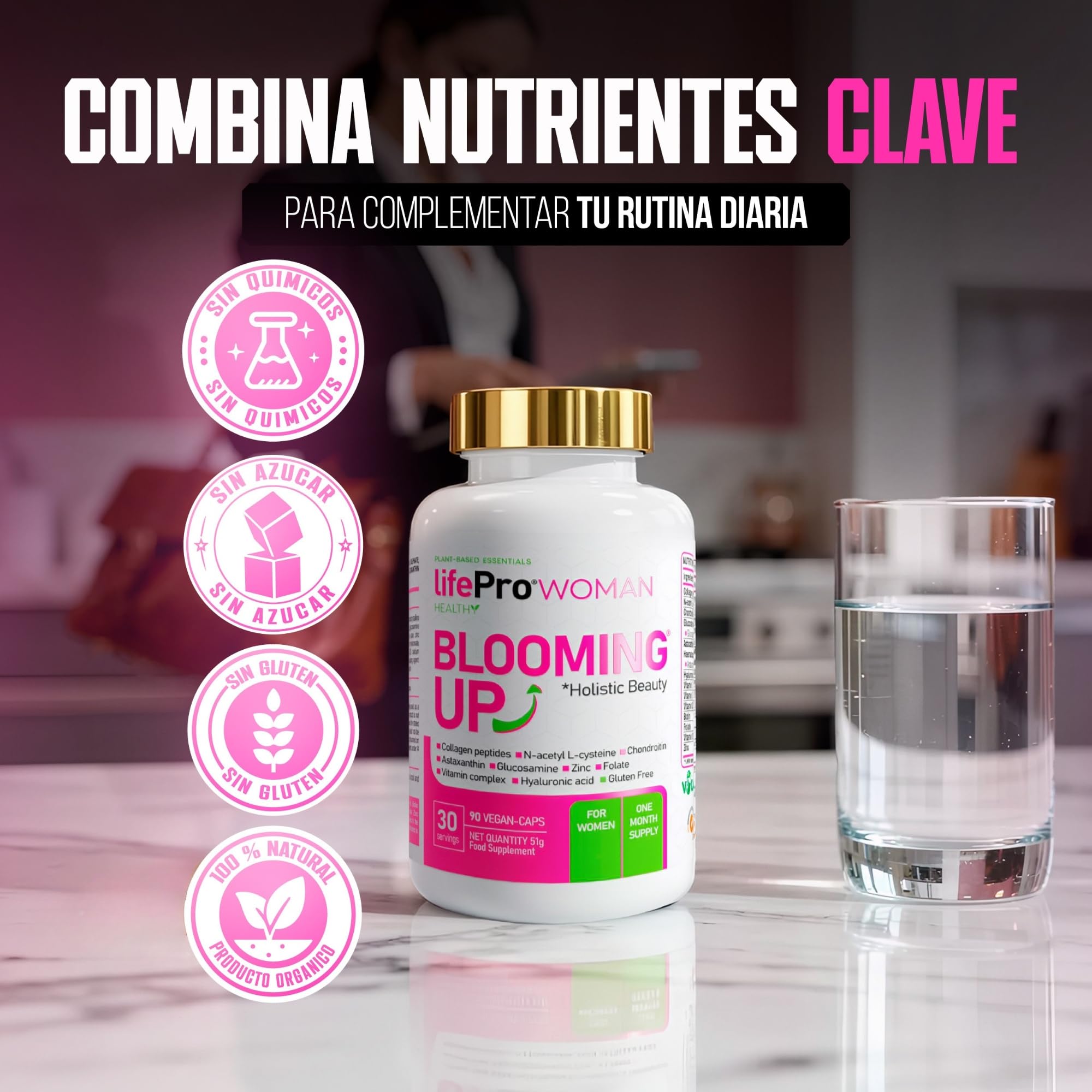 Vitaminas para el Cabello Mujer Anticaida con Biotina Blooming Up – Colágeno Hidrolizado, Zinc y Astaxantina