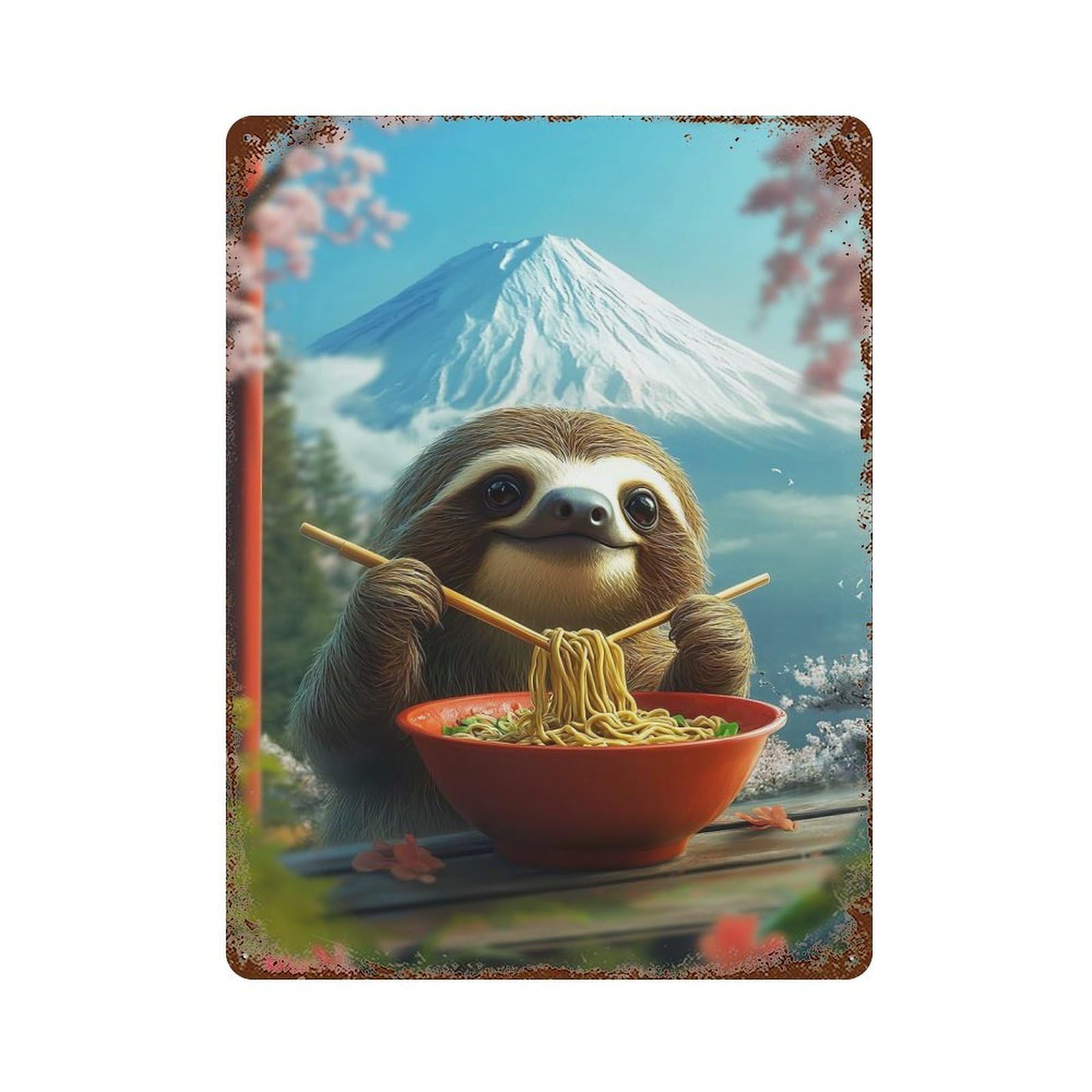 Garage Style Sloth Eating Ramen in Japan Mt. Fuji Distressed Metal Wall Sign 15.7"x11.8", Novelty Wall Decor for Bar And Workshop