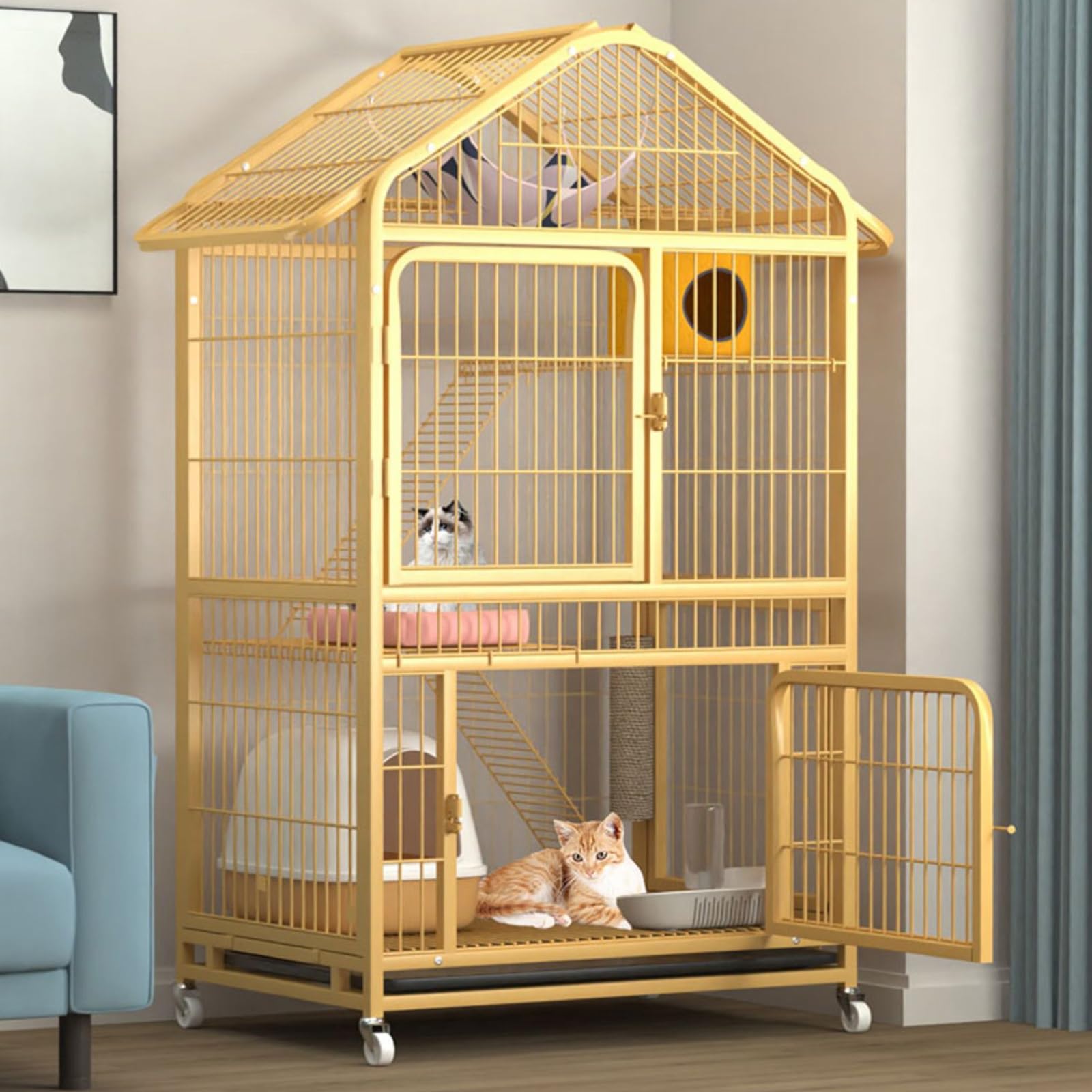 Jaula para gatos de metal de 4 niveles con ruedas y rampa