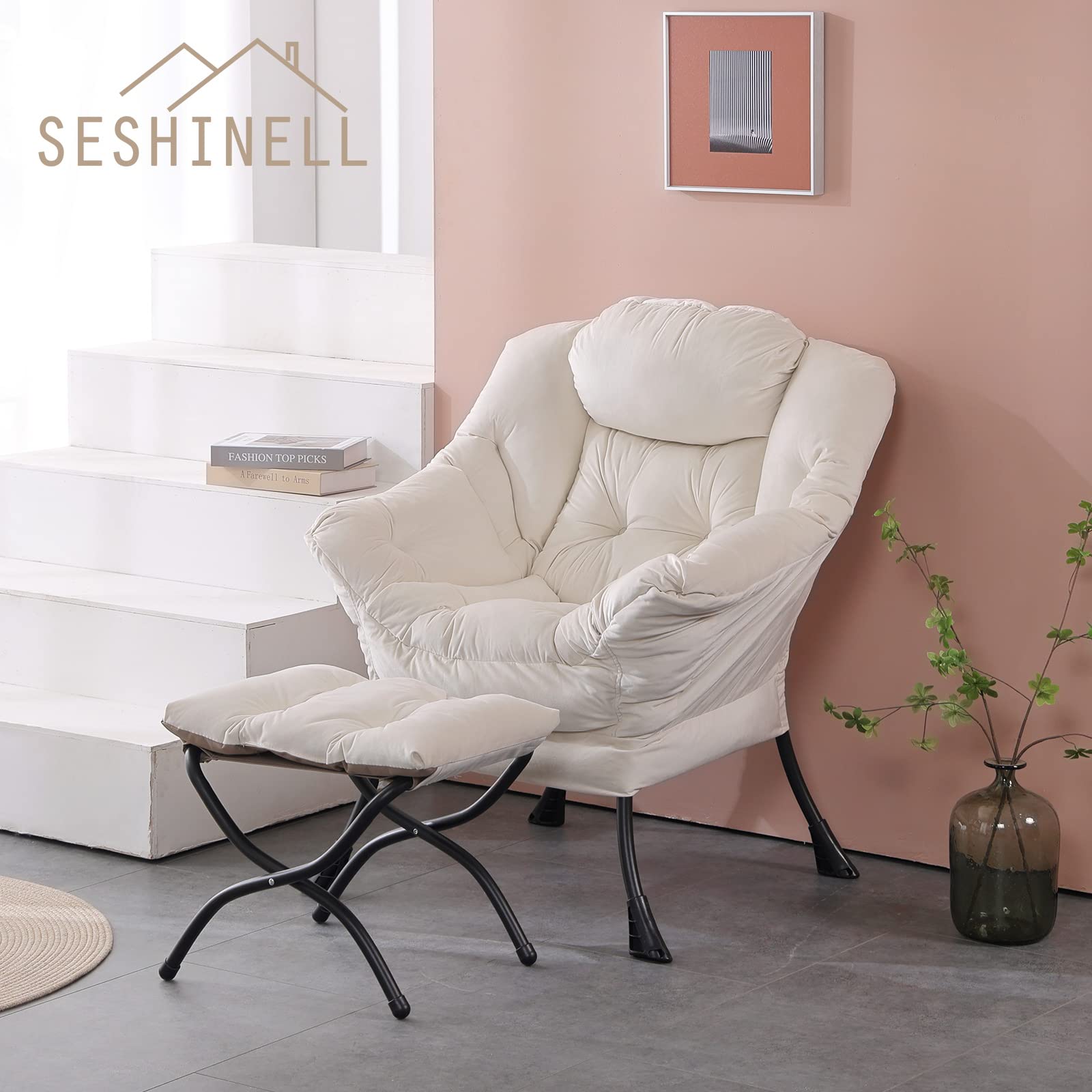 SESHINELL Fauteuil met Ottomaanse, comfortabele gestoffeerde lounge leesstoel met zijvak en armleuningen, moderne slaapkamer luie stoel en voetenbank set voor woonkamer, pluche beige