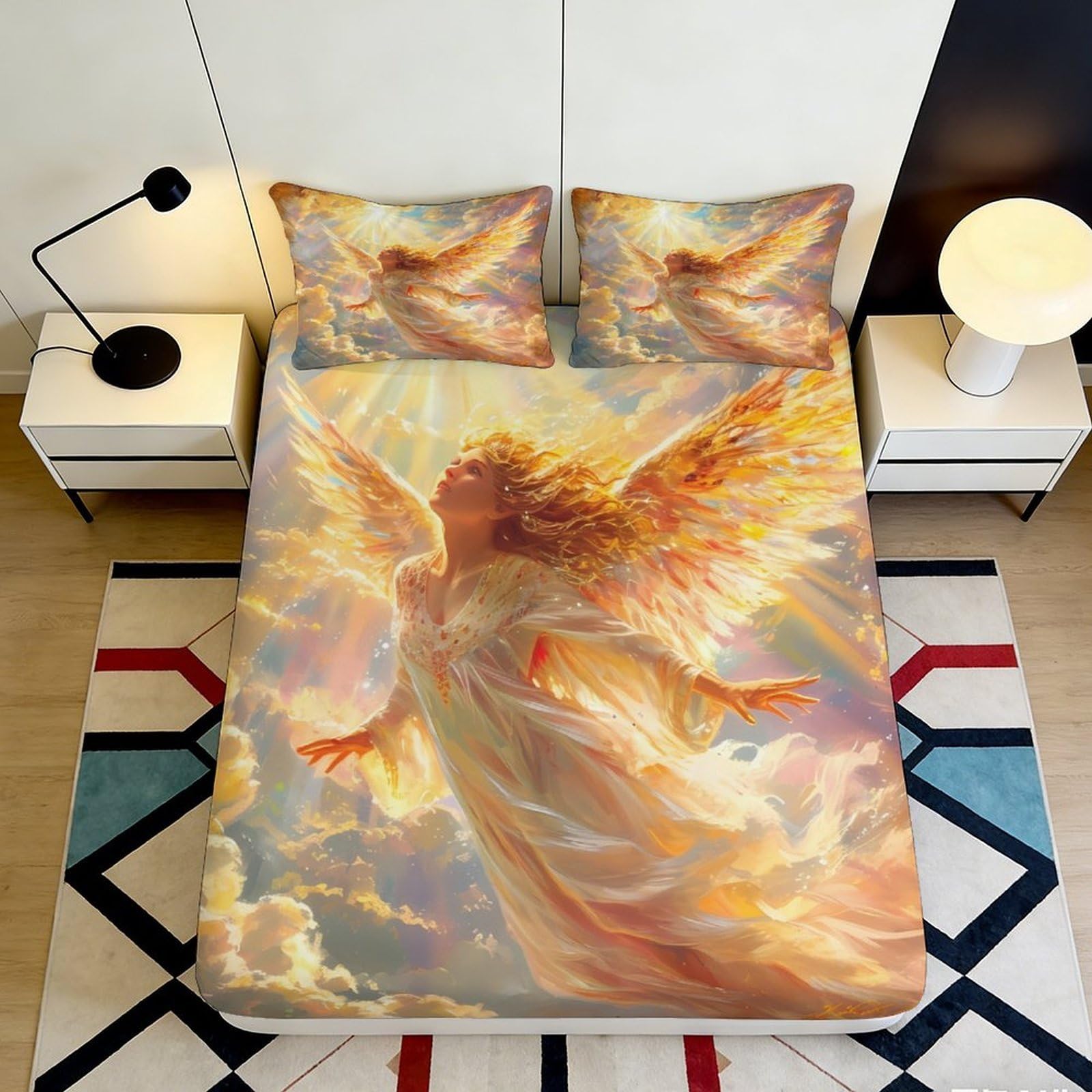 3D Printed Angel Pattern Fitted Sheet Microfiber Non-Slip Deep Pocket Bedroom Bedding Angel Mattress Fitted Cover Washable for Adults Teens 140x200x25cm