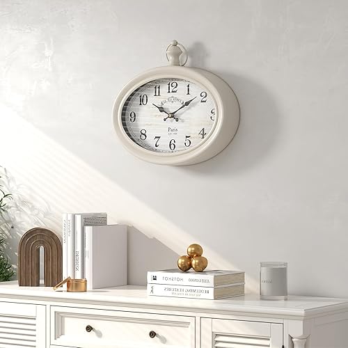 Miniatura 7 de Ddysins Reloj de pared ovalado retro, estilo antiguo vintage, blanco, funciona con pilas, para granja, cocina, dormitorio, baño (10.5 pulgadas de