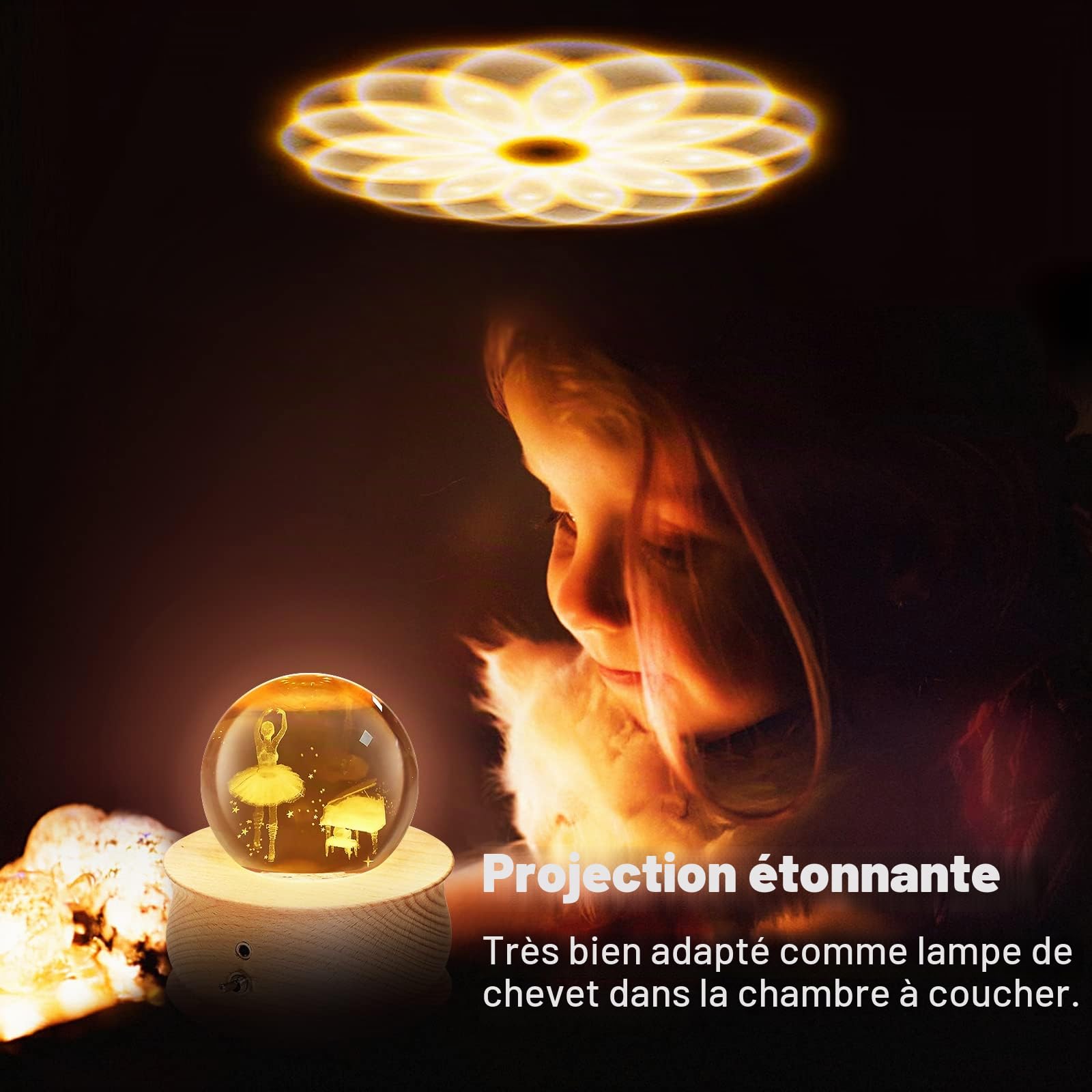 Wholede Boule à Musique en Cristal, Boîte à Musique en Bois avec 360 ° Rotation, Fonction de Projection, Musique Apaisante, Cadeau pour Femme, Noël, Saint Valentin, Fête des Mères