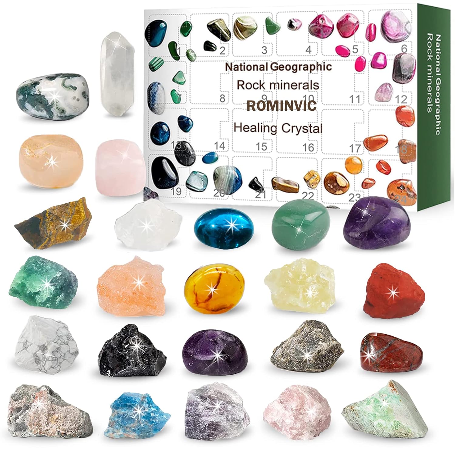 ROMINVIC Crystal Advent Calendar 2024,Christmas Countdown Calendar-24 Days Ore,Minerals, Gemstones&Crystal,Advent Calendar with 24 Gemstones to Open Each Day for Kids Adult ROMINVIC Crystal Advent Calendar 2024,Christmas Countdown Calendar-24 Days Ore,Minerals, Gemstones&Crystal,Advent Calendar with 24 Gemstones to Open Each Day for Kids Adult