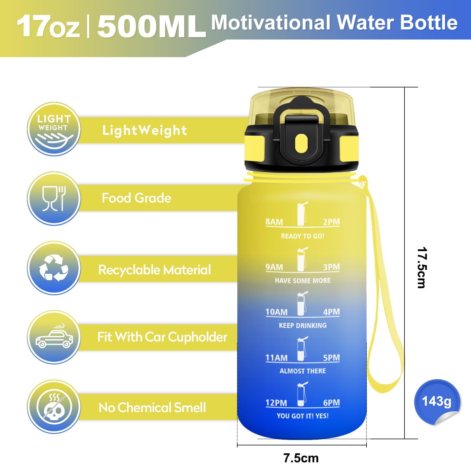 Borraccia 500ml, Bottiglia con Marcatori Temporali, Borraccia con Cannuccia, Bottiglia Acqua Riutilizzabile, Borraccia senza BPA, A Prova di Perdite, Borraccia per Bambini, Scuola, Ufficio, Sport