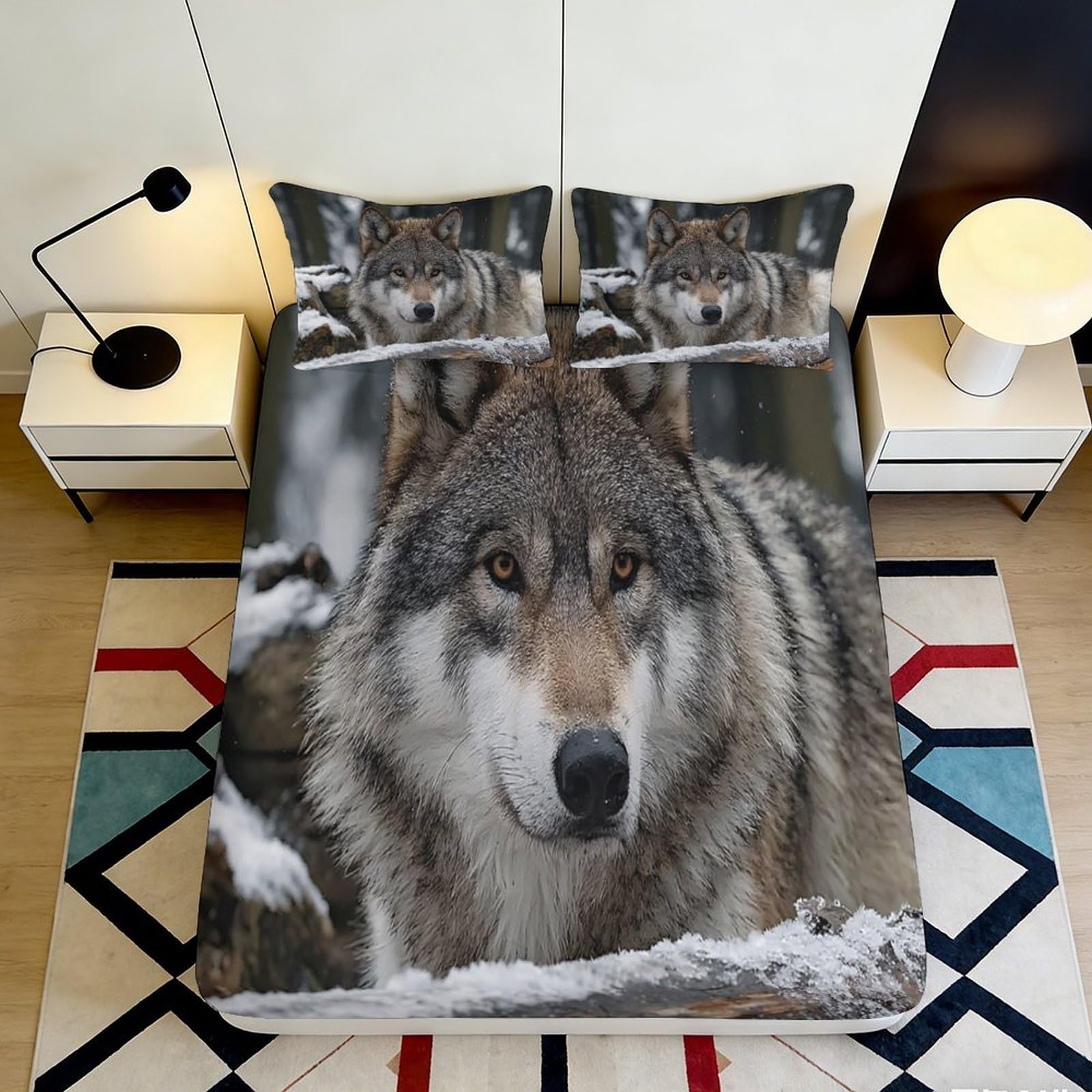 3D Printed Wolf Snow Forest Fitted Sheet Microfiber Soft Anti-Slip Bed Cover Bedroom Guestroom Decor 90x200x25cm