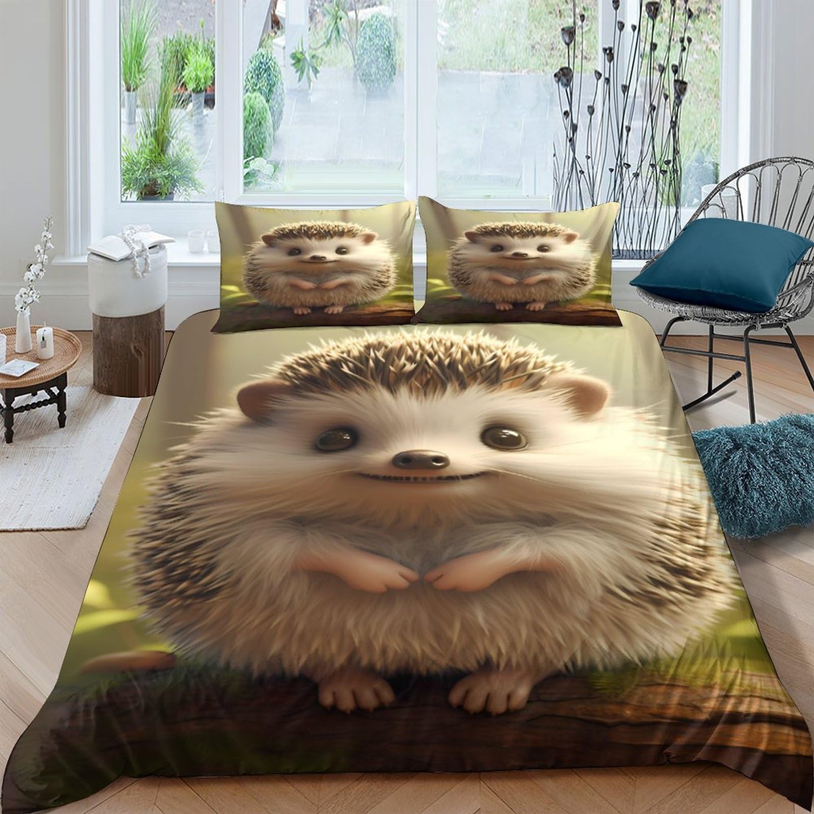 GPLZQXKJNH 3D Printed Hedgehog Cartoon Duvet Cover Microfiber Soft Breathable Forest Animal Bedding Set with 2 Pillowcases for Bedroom Decor Single（135x200cm）
