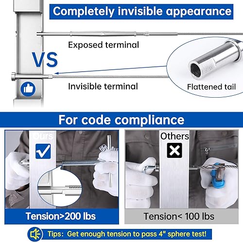 Miniatura 5 de Muzata Kit de barandillas invisibles de cable de 316 pulgadas, tensor y terminal oculto de acero inoxidable T316 para escaleras de poste de metal de