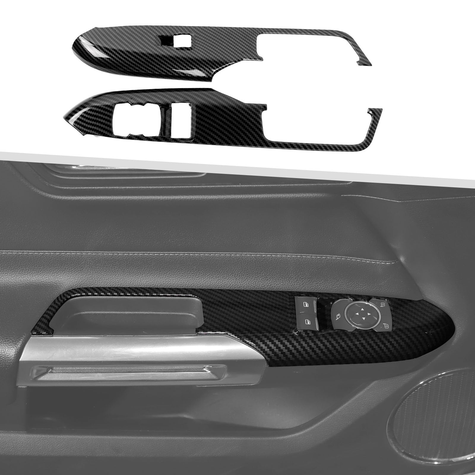 Jimen Ajuste para Ford Mustang 2015-2024, 2 piezas de cubierta de panel de interruptor de elevación de ventana de coche (fibra de carbono)