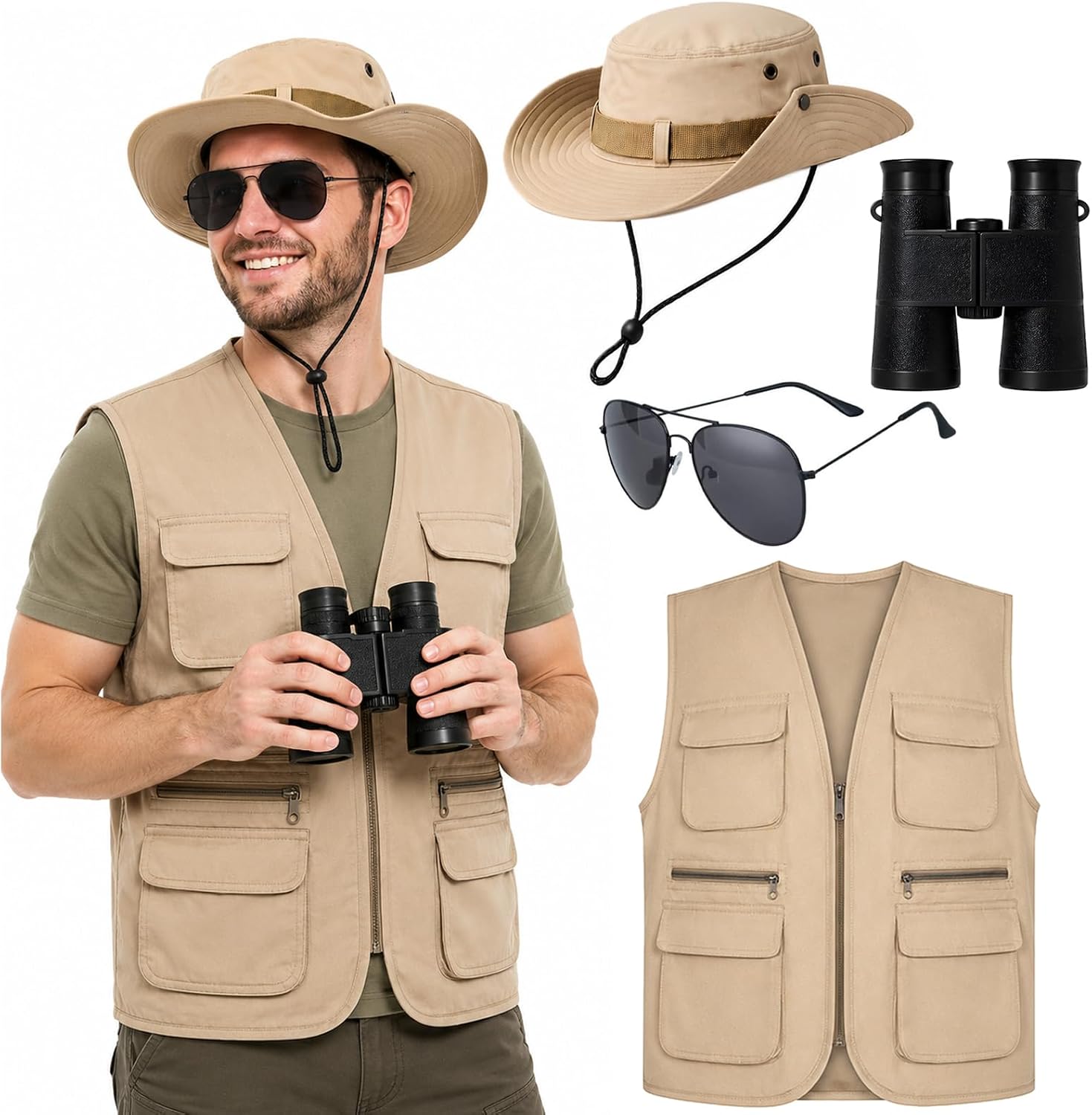 4 Pcs Men’s Safari Costume Set with Khaki Explorer Hat,Vest,Sunglasses and Binoculars for Halloween Party Dress Up