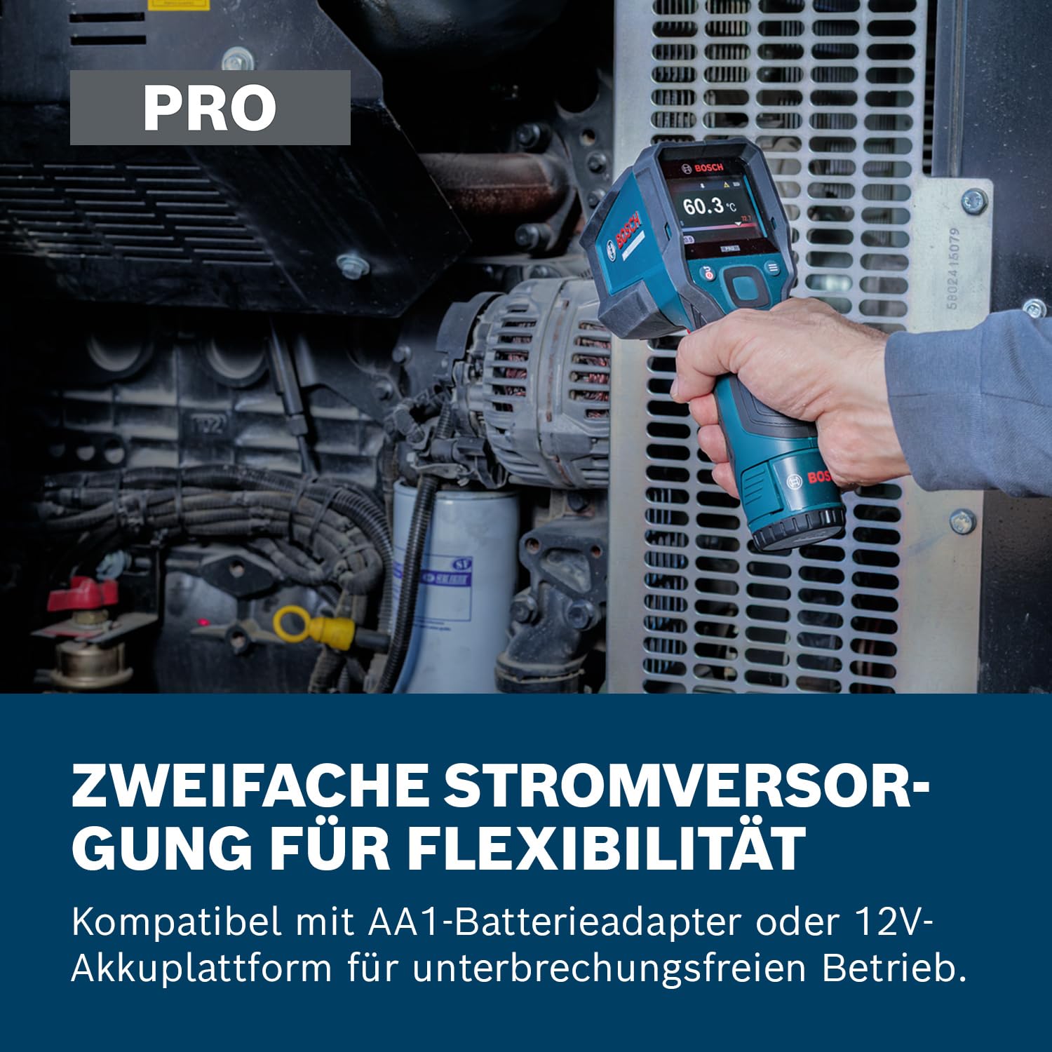 Bosch PRO GIS12V‑700‑14 Infrarot‑Thermometer, großes Grafik‑Display, IP54, 2 m Sturzschutz, Dual‑Power, inkl. Batterieadapter & AA‑Batterien – präzise Temperaturmessung im Profi‑Bereich