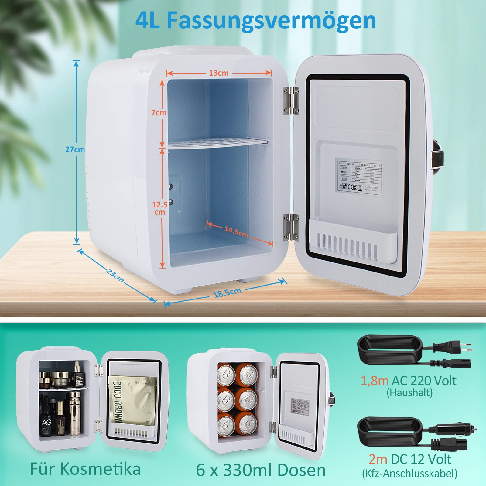 Mini Frigo portable 4 l avec fonction de refroidissement et de maintien au chaud, AC 220 V dans la maison/la prise DC 12 V dans la voiture, le bureau,de chambre, le jardin