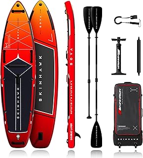 SKINHAWK SOVA12 Premium SUP Board Set 366 cm – Aufblasbares Stand Up Paddle Board bis 180 kg – Fiberglas Paddel auch als Kajak Doppelpaddel – Doppelhubpumpe, Trolley Rucksack t