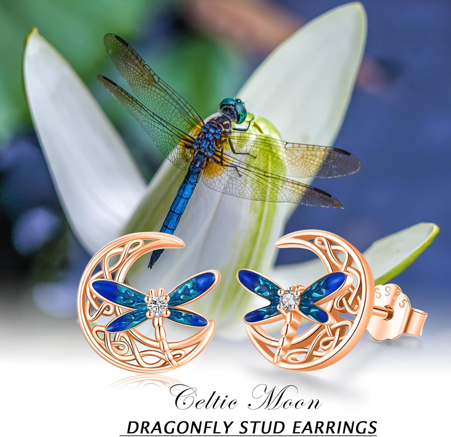 Celtic Moon Earrings 925 Sterling Silver Dragonfly Stud Earrings Irish Celtic Jewelry Gifts for Women - Image 5