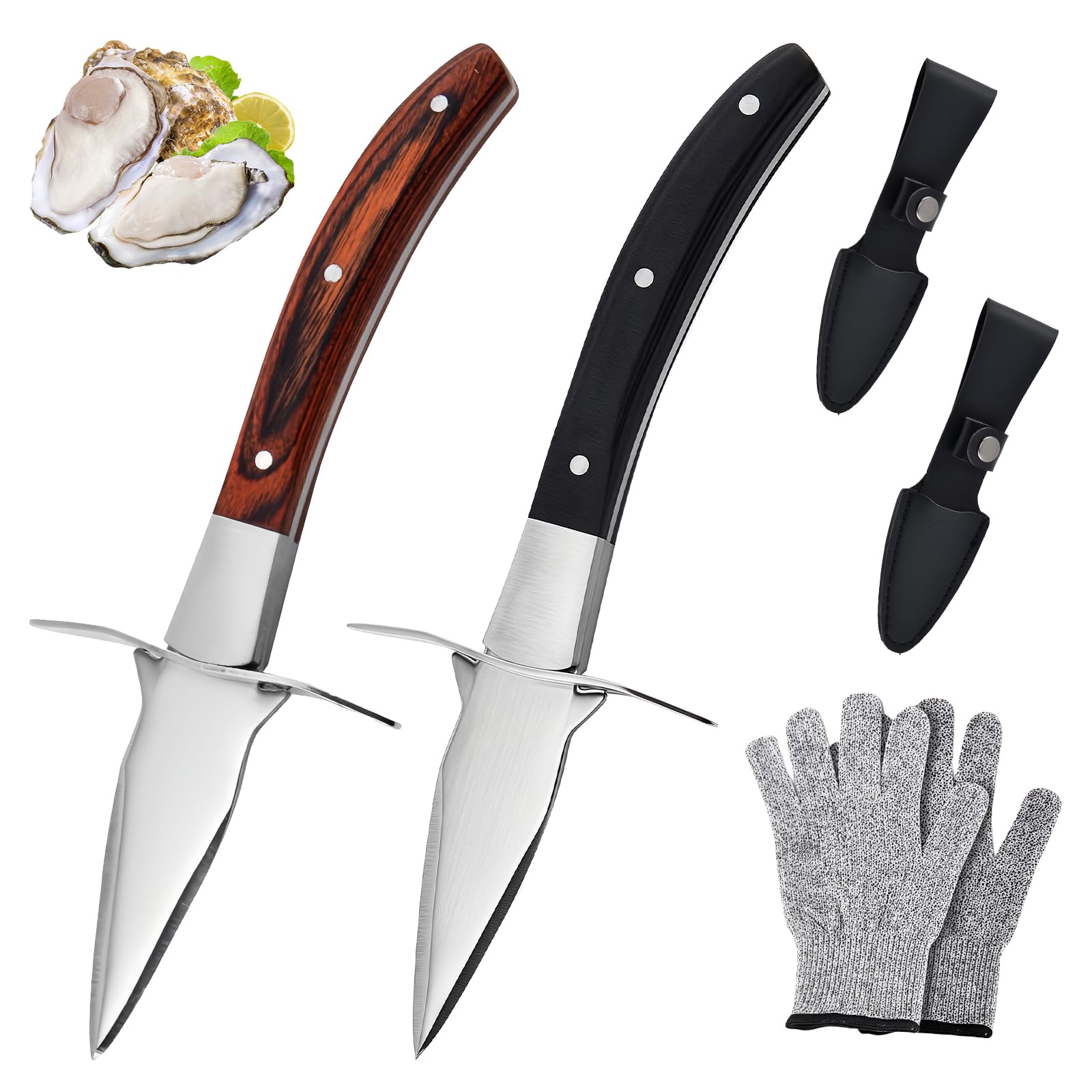 Austernmesser: 2 Stück Austernmesser Set mit 2 Paar Schutzhandschuhen, Austern Set mit Premium-Holzgriff, Austernmesser und Handschuh, Austern Messer für Muscheln Oder Hartkäse Geeignet