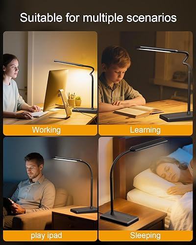 Miniatura 8 de Lámpara de escritorio LED con control táctil, puerto de carga USB, 5 modos de color, 6 niveles de brillo, lámpara de oficina regulable con función