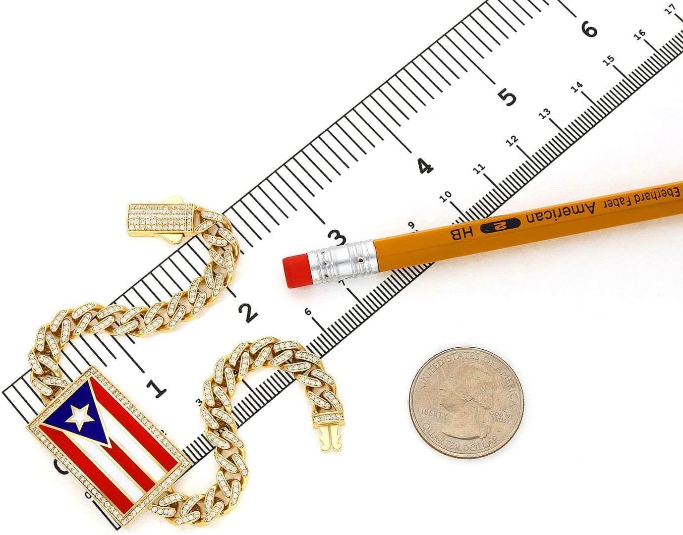 WJD Exclusives 14K Yellow Gold CZ Color Puerto Rico Flag Miami Bracelet (Hollow) 8"