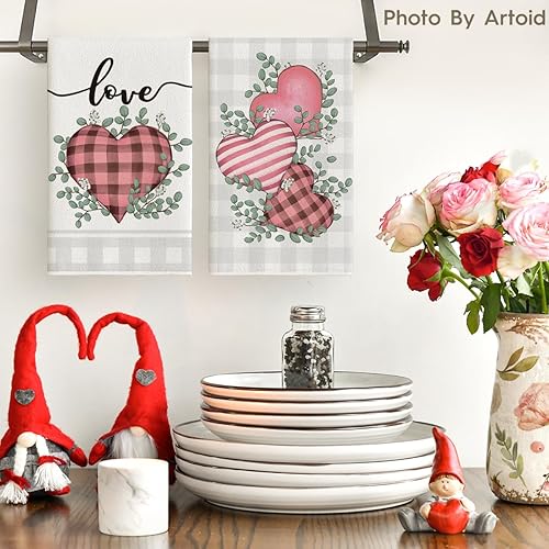 Miniatura 2 de Artoid Mode Juego de 2 toallas de cocina para el día de San Valentín, diseño de corazón a cuadros, 18 x 26 pulgadas, para aniversario, boda,