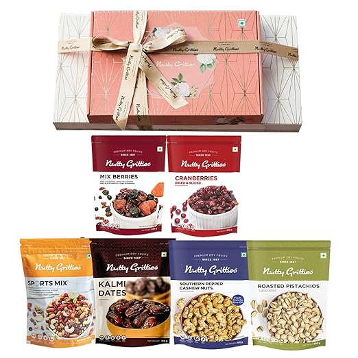 Nutty Gritties Wedding Hamper Special Dry Fruits Gift Box - Sports Mix, Kalmi Dates, Mix Berries, US Cranberries, Roasted Pistachios, Pepper Cashews - 1.5kg