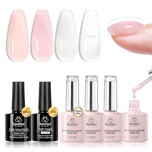 Beetles Builder Gel Set HEMA Free-Blush Whisper 4 Color 7 in 1 Nail Thickening Strengthening Building Apex with Base & Top Coat for Beginner DIY Salon at Home,Nude Builder Nail Gel,UV & LED Lamp Cured