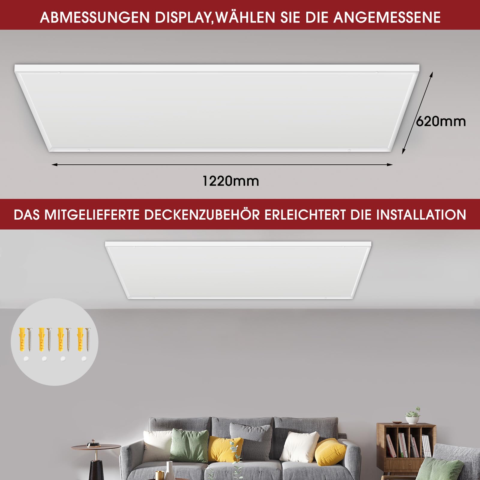 Infrarotheizung Deckenmontage 860W, Infrarotheizung Heizplatte Heizkörper Heizpaneel, Infrarot Deckenheizung mit Überhitzungsschutz, Elektroheizung Energiesparend-1220 * 630mm
