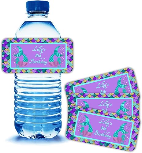 20 etiquetas personalizadas de sirena, fiesta de cumpleaños bajo el mar, etiquetas para botellas de agua, calcomanías, etiquetas, decoraciones de