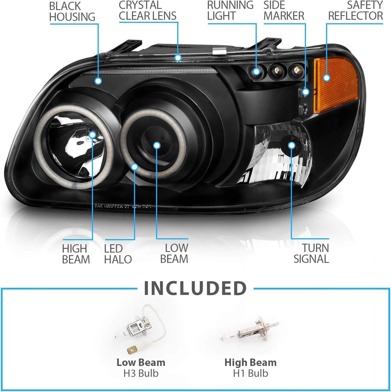 Coachmen Santara 1996-1999 RV Motorhome Pair (Left & Right) Replacement Black Projector DESIGN Headlights with Signals
